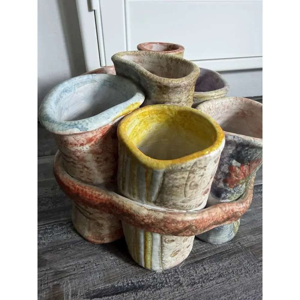 Handmade Studio Pottery Multi Vase Cluster Bud Vase Holder‎ Rustic Art Decor